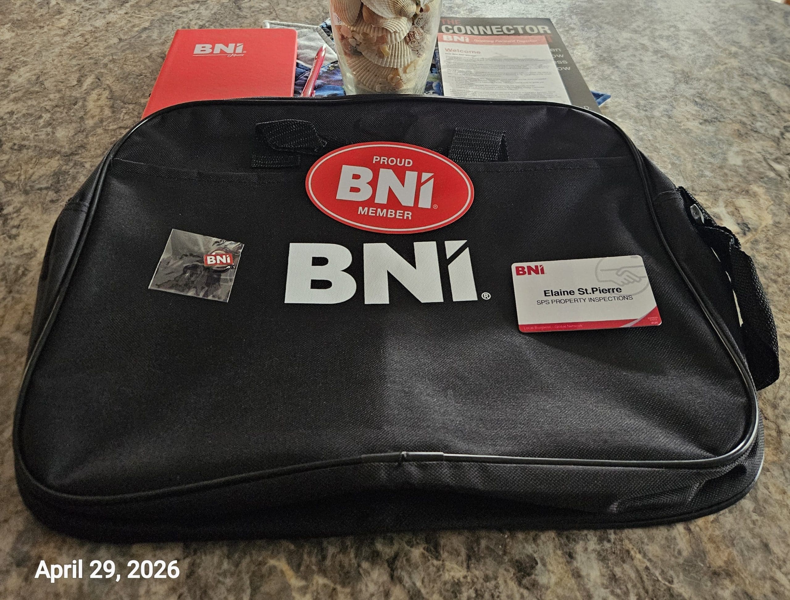 Photo of BNI Bag and Badge from Harraseeket Business Builders